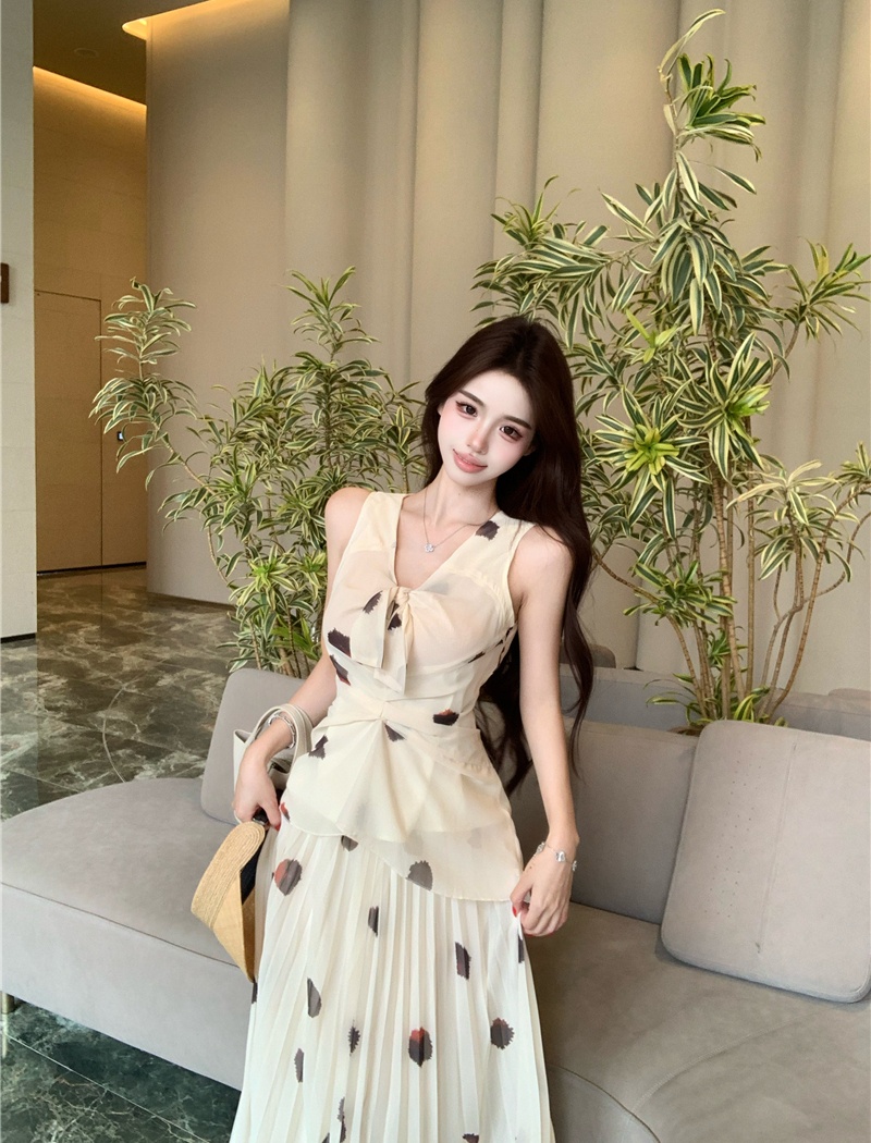 Chiffon tops France style skirt a set for women