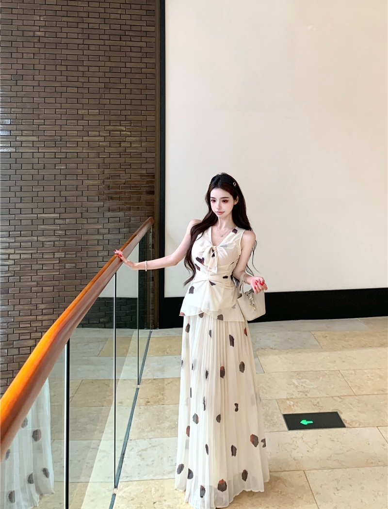 Chiffon tops France style skirt a set for women