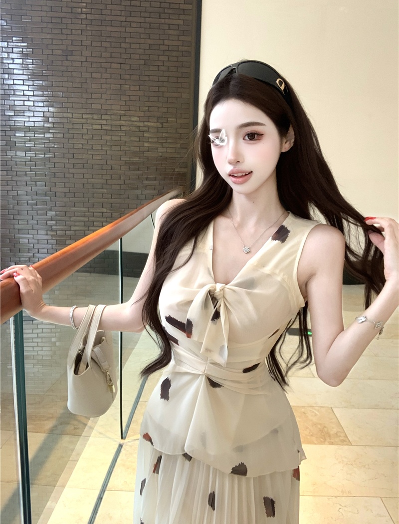 Chiffon tops France style skirt a set for women