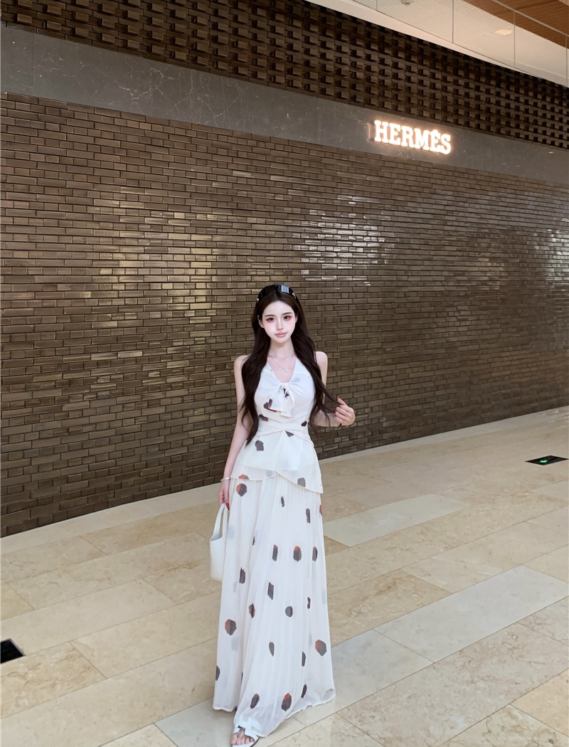 Chiffon tops France style skirt a set for women