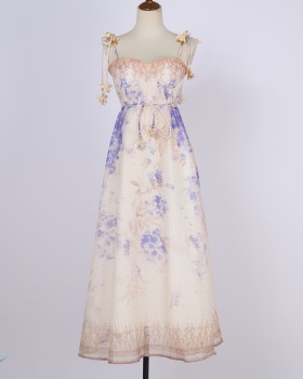 Flowers summer printing pinched waist sling travel dress