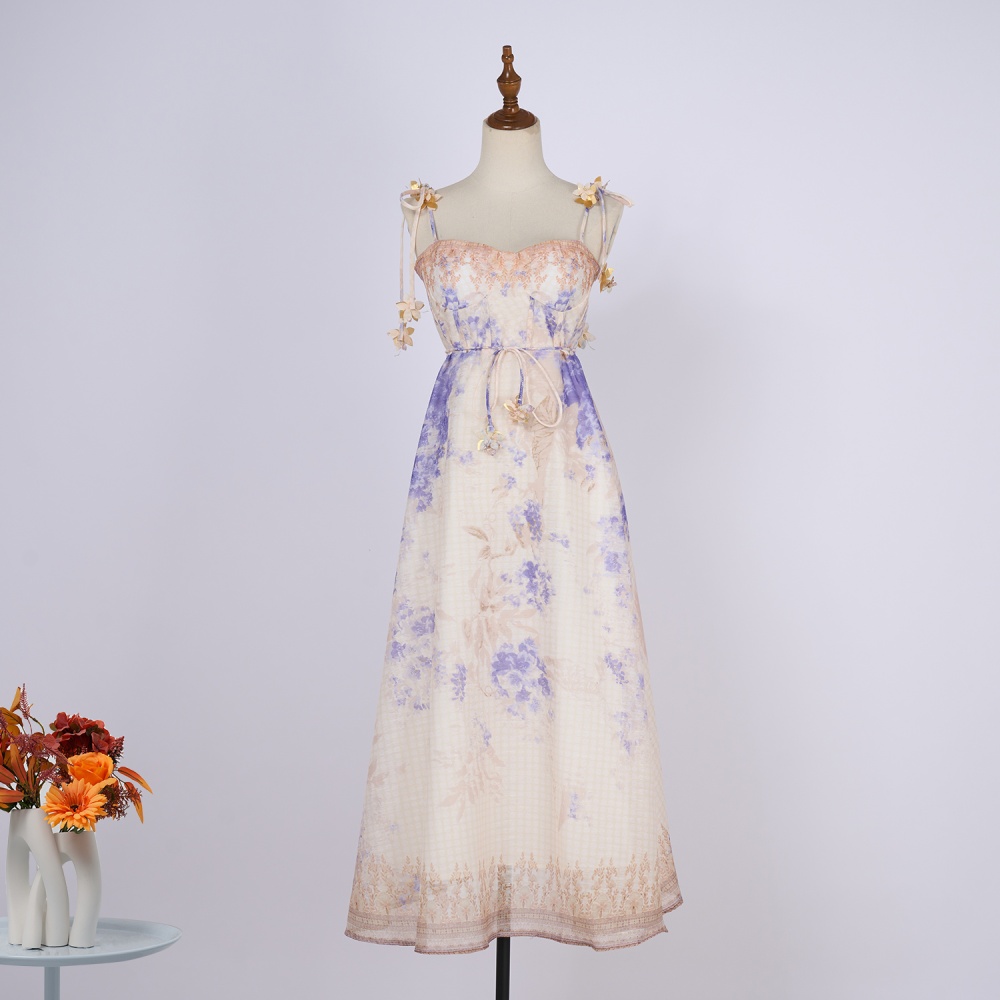 Flowers summer printing pinched waist sling travel dress