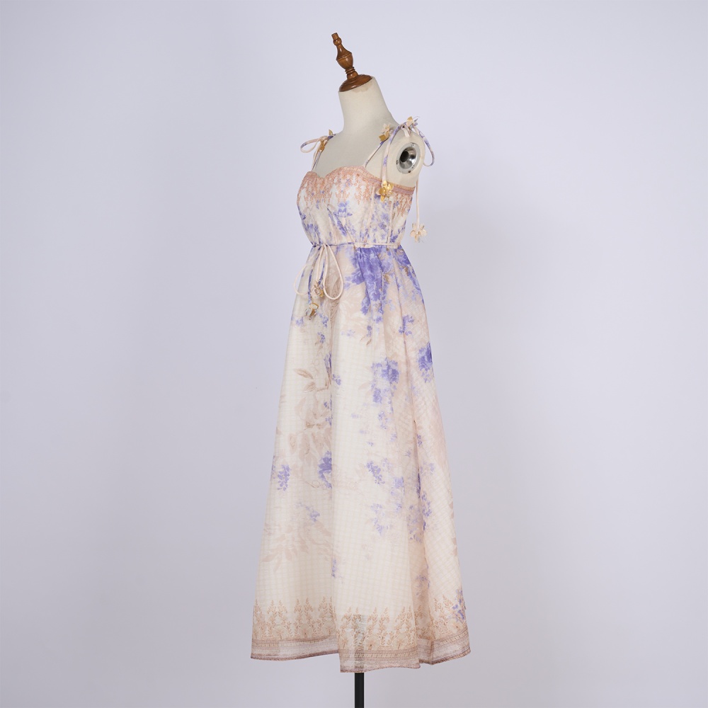 Flowers summer printing pinched waist sling travel dress