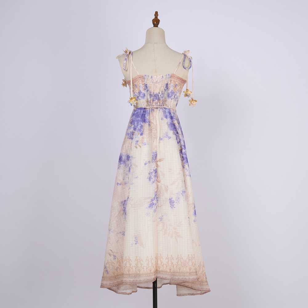 Flowers summer printing pinched waist sling travel dress