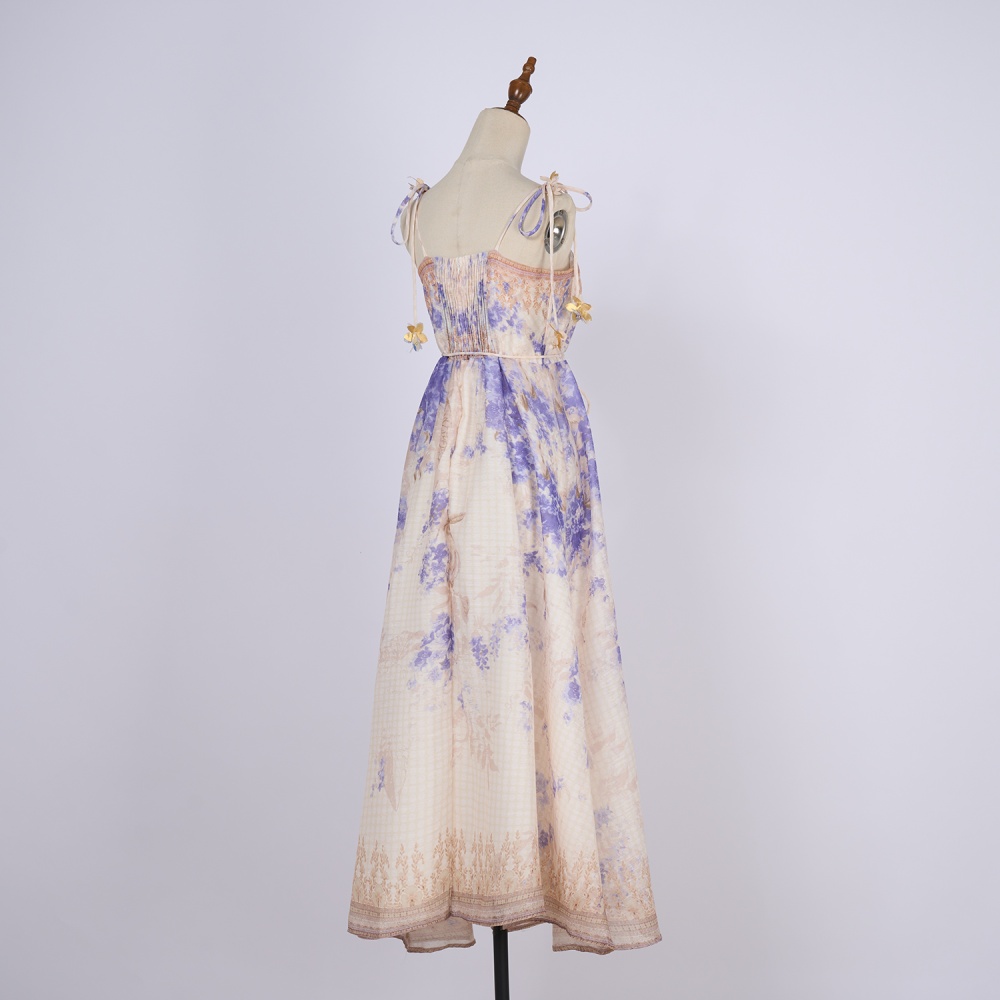 Flowers summer printing pinched waist sling travel dress