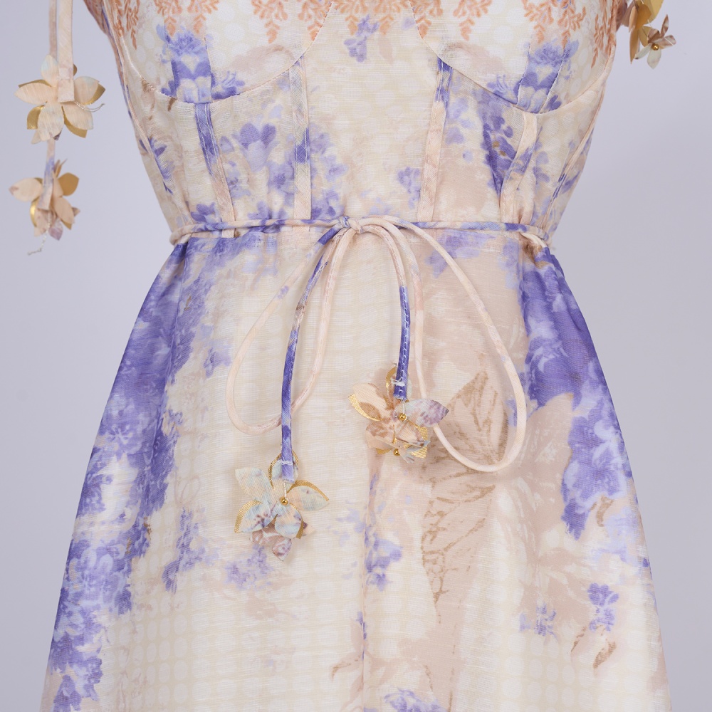 Flowers summer printing pinched waist sling travel dress