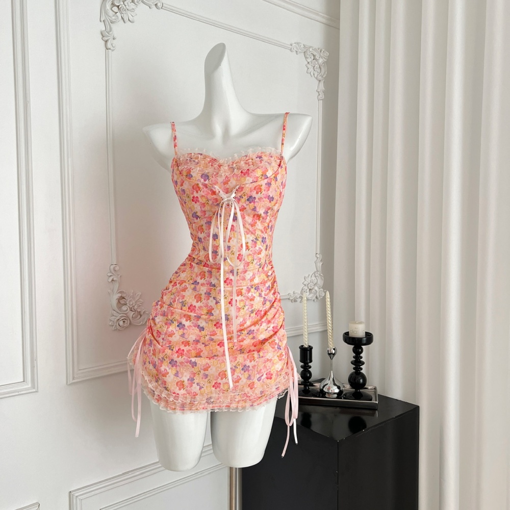 Splice slim sling T-back lace pinched waist dress