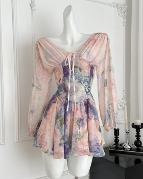 Pinched waist slim T-back printing dress for women
