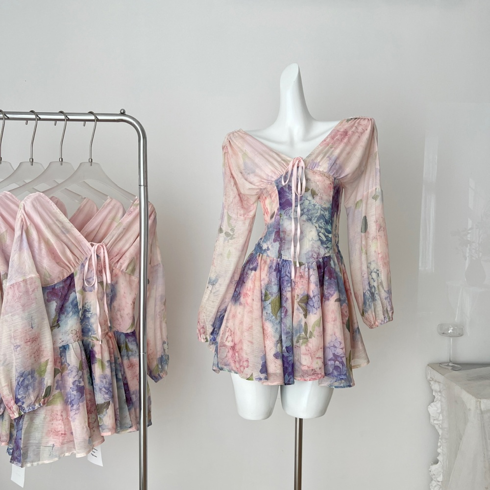 Pinched waist slim T-back printing dress for women
