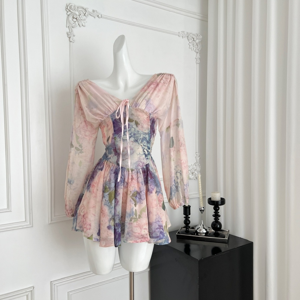 Pinched waist slim T-back printing dress for women