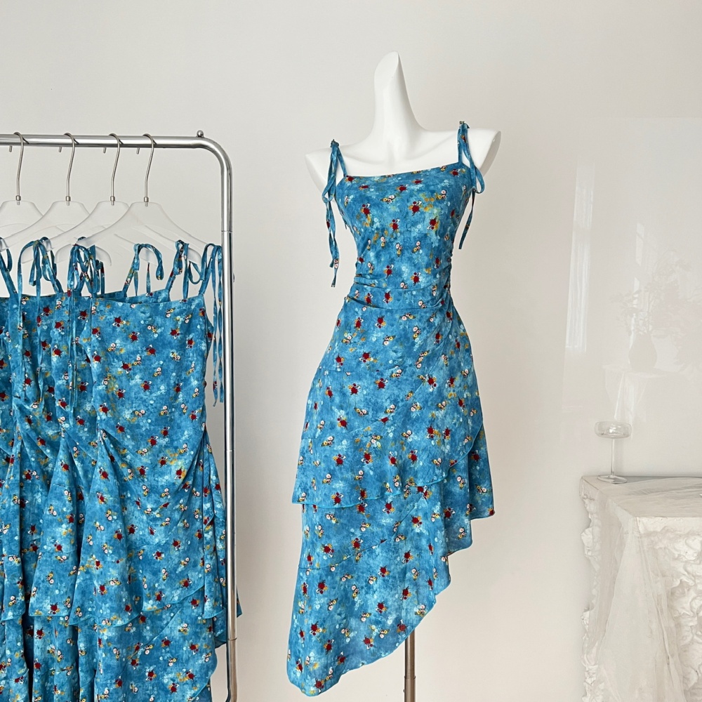 Streamer floral strap dress irregular dress for women