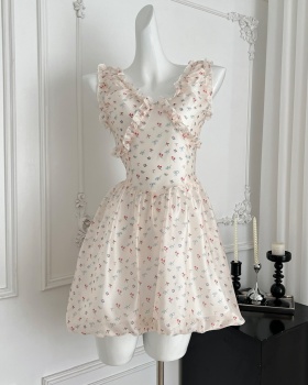 V-neck bud maiden summer dress pinched waist printing bow T-back