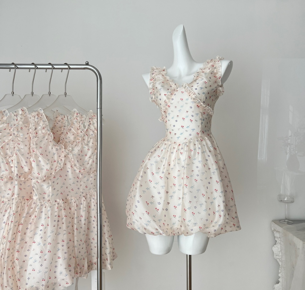 V-neck bud maiden summer dress pinched waist printing bow T-back