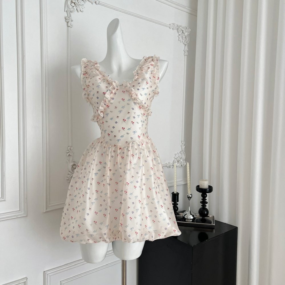 V-neck bud maiden summer dress pinched waist printing bow T-back