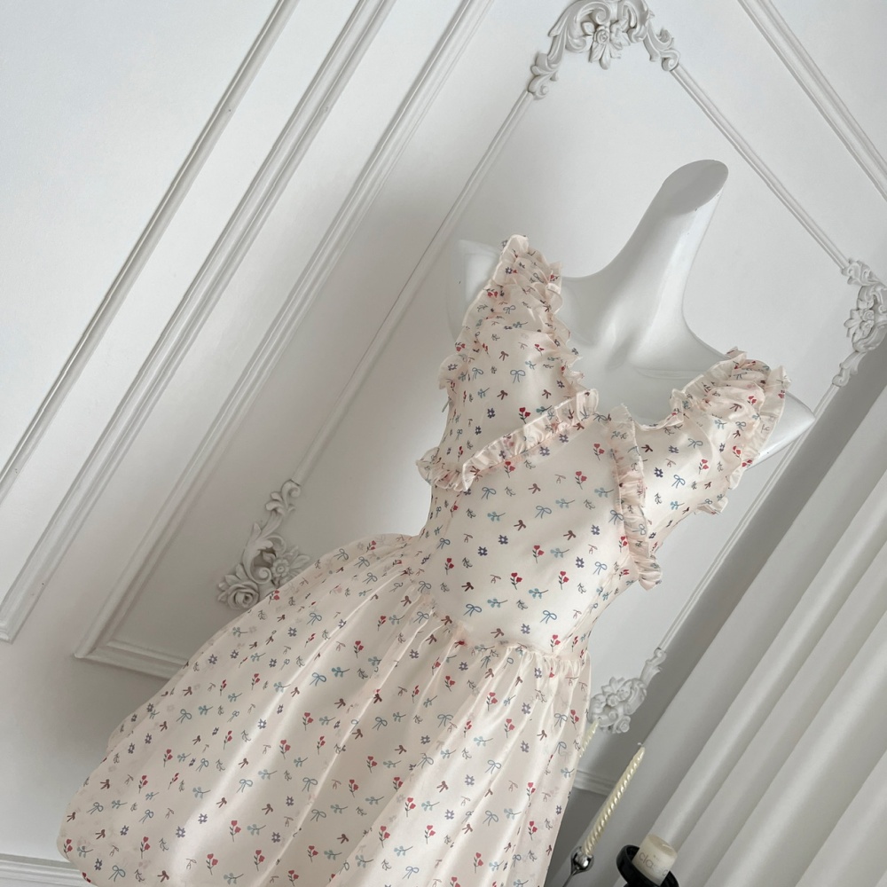 V-neck bud maiden summer dress pinched waist printing bow T-back