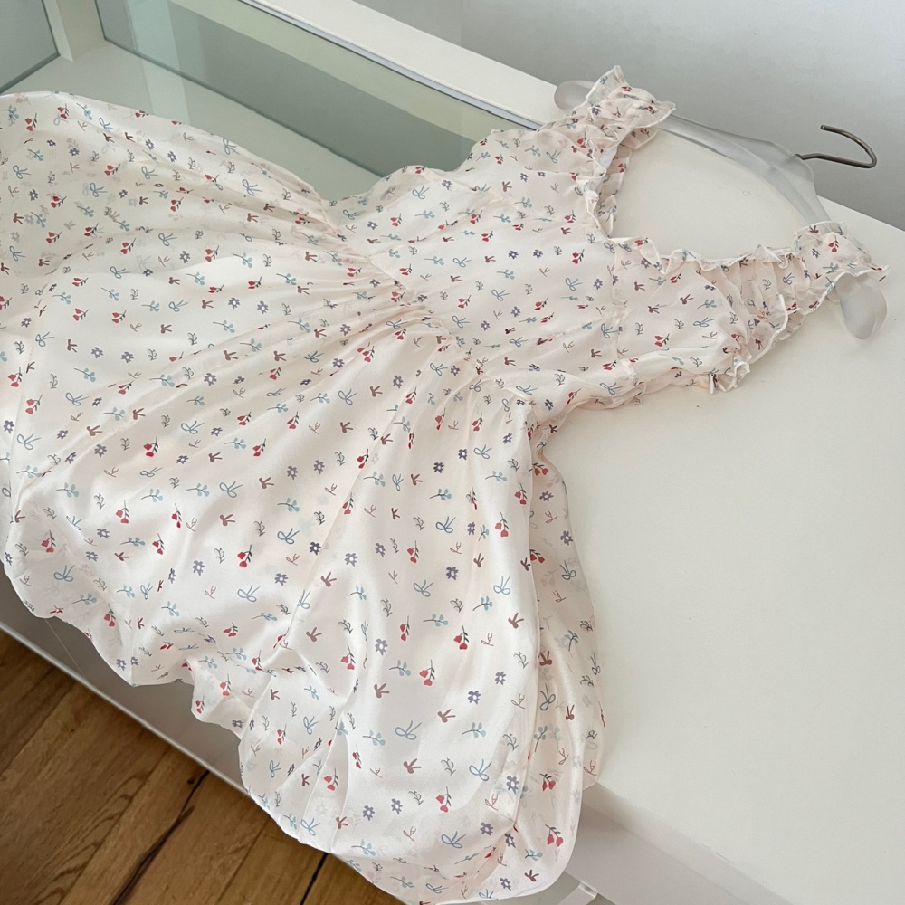 V-neck bud maiden summer dress pinched waist printing bow T-back