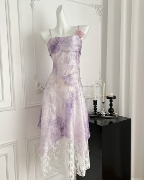 Lace retro sling purple France style tender dress