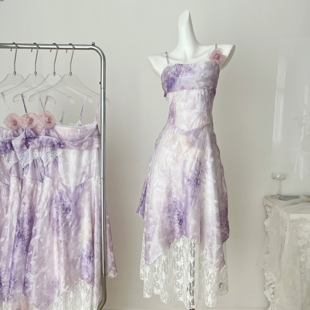 Lace retro sling purple France style tender dress
