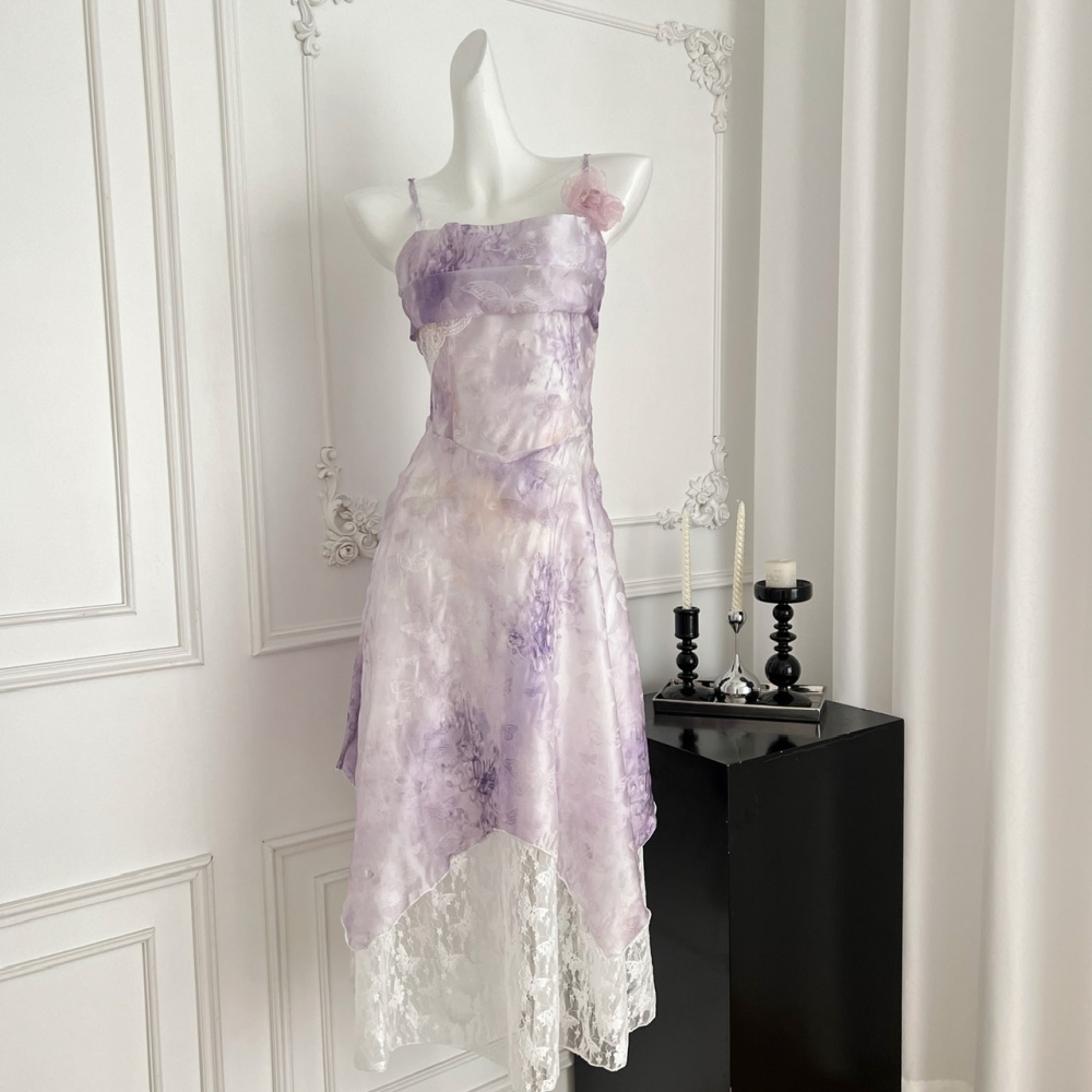Lace retro sling purple France style tender dress