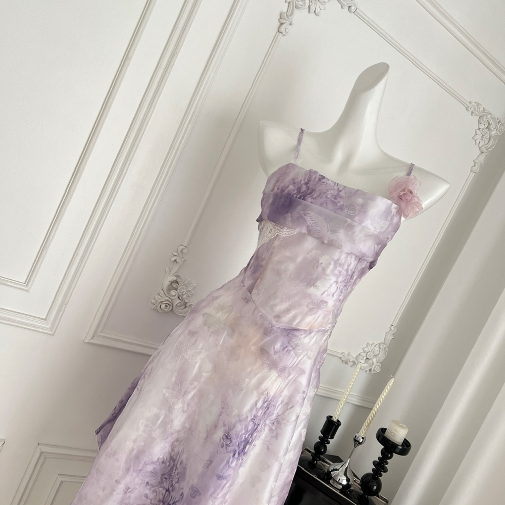 Lace retro sling purple France style tender dress