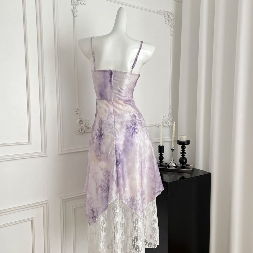 Lace retro sling purple France style tender dress