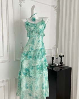 Fresh pinched waist sling lotus leaf edges dress