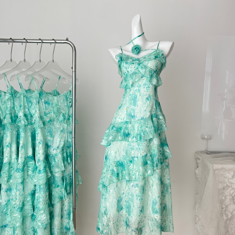 Fresh pinched waist sling lotus leaf edges dress