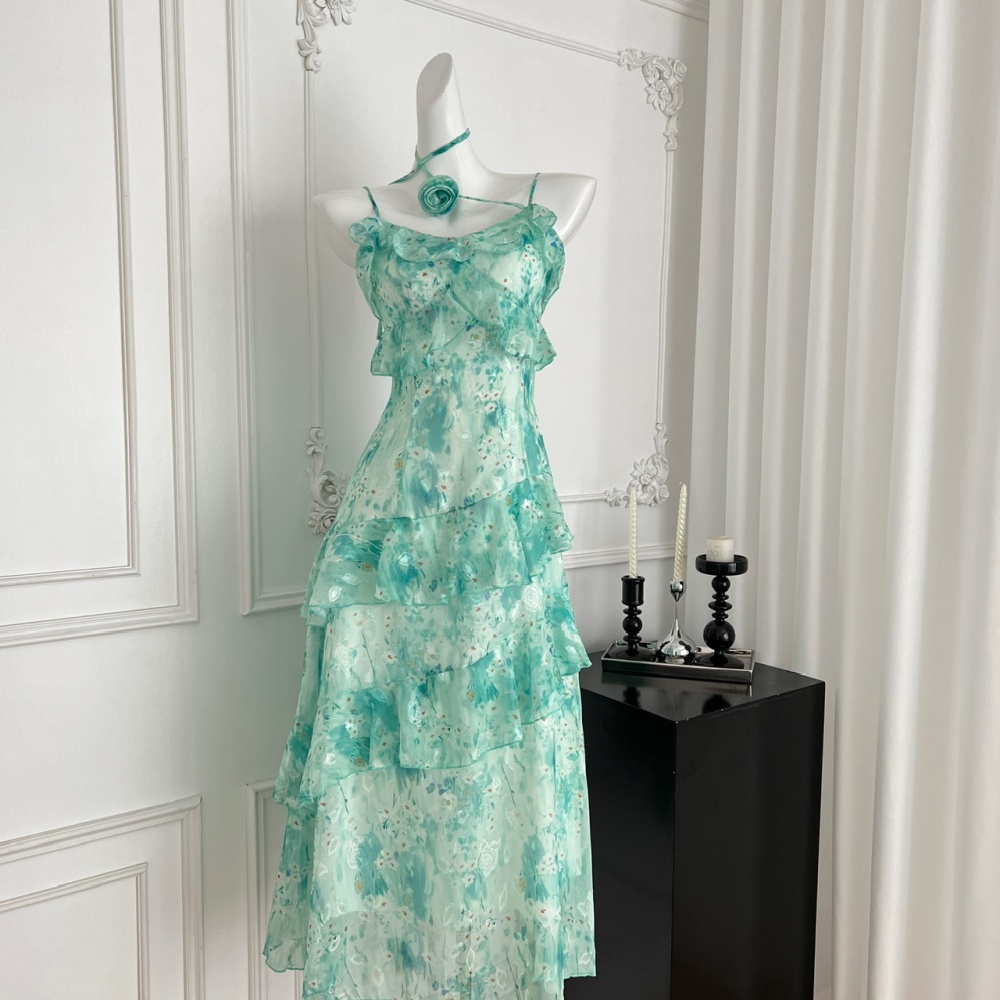 Fresh pinched waist sling lotus leaf edges dress