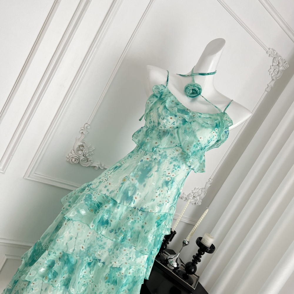 Fresh pinched waist sling lotus leaf edges dress