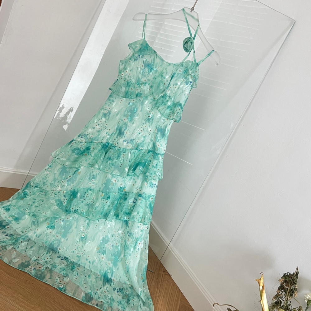 Fresh pinched waist sling lotus leaf edges dress