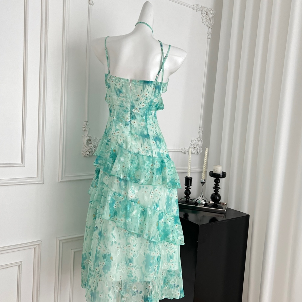 Fresh pinched waist sling lotus leaf edges dress