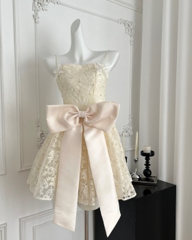 Refinement temperament lace pinched waist white dress