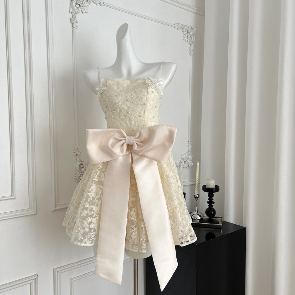 Refinement temperament lace pinched waist white dress