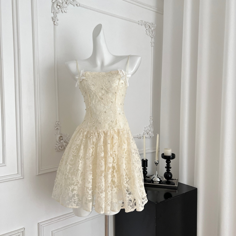 Refinement temperament lace pinched waist white dress