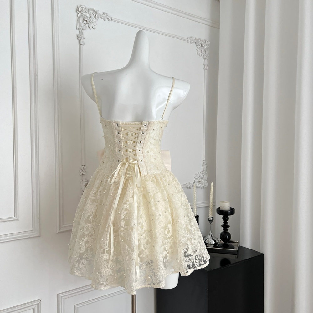 Refinement temperament lace pinched waist white dress