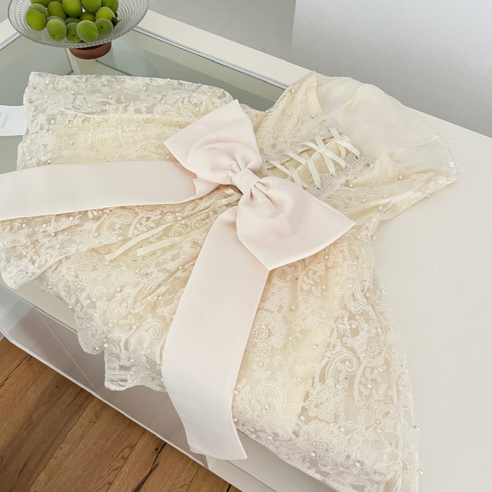 Refinement temperament lace pinched waist white dress