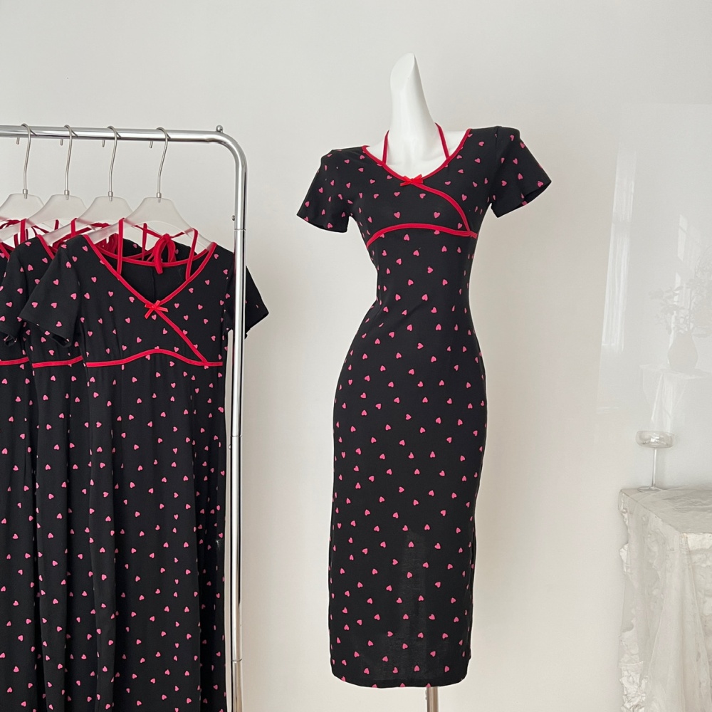 Short sleeve floral sweetheart slim summer dress for women