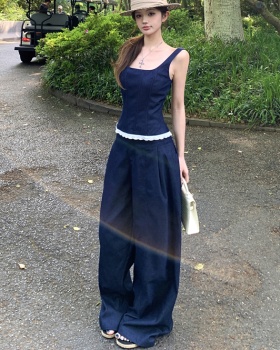 Denim loose casual pants summer lace tops 2pcs set