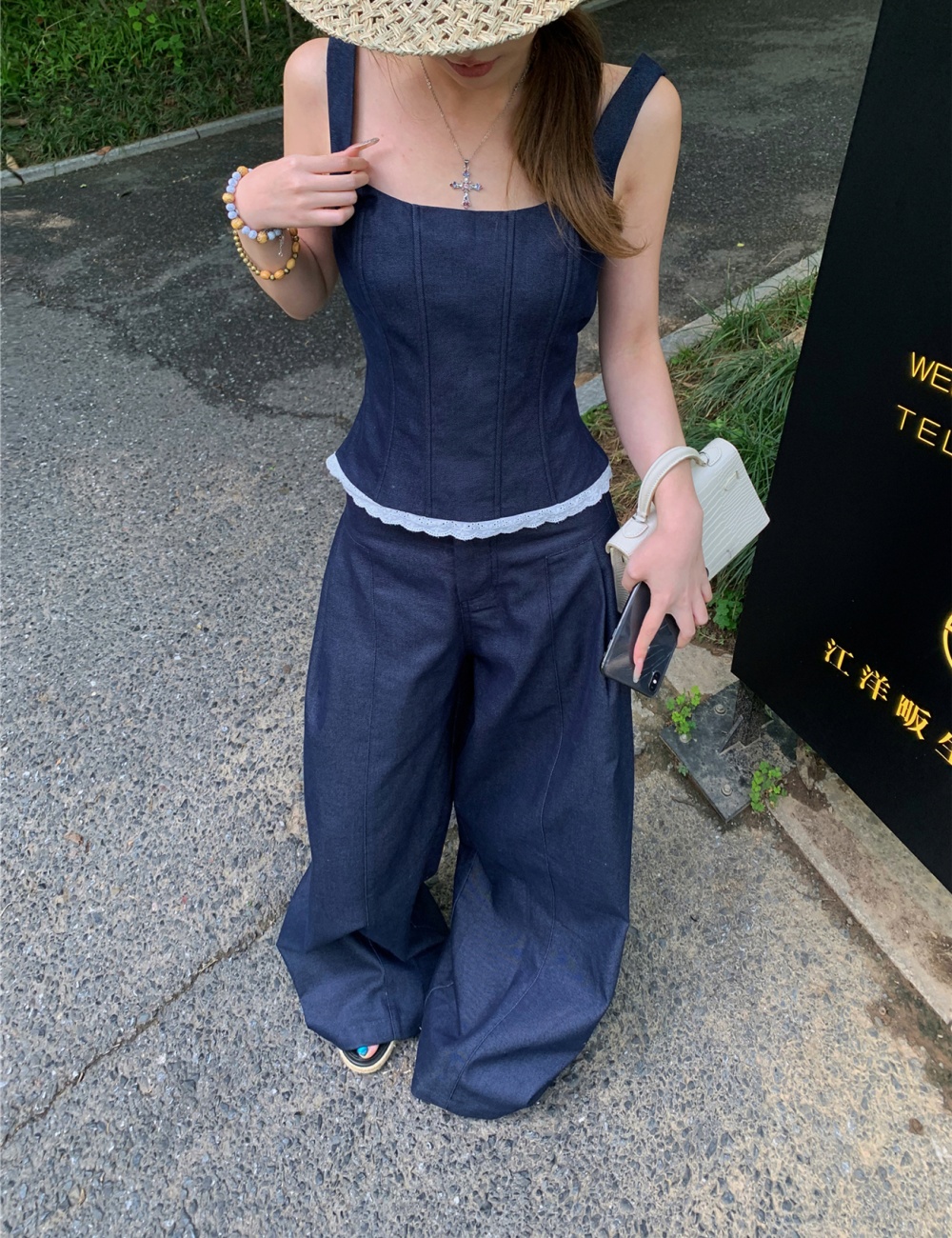 Denim loose casual pants summer lace tops 2pcs set
