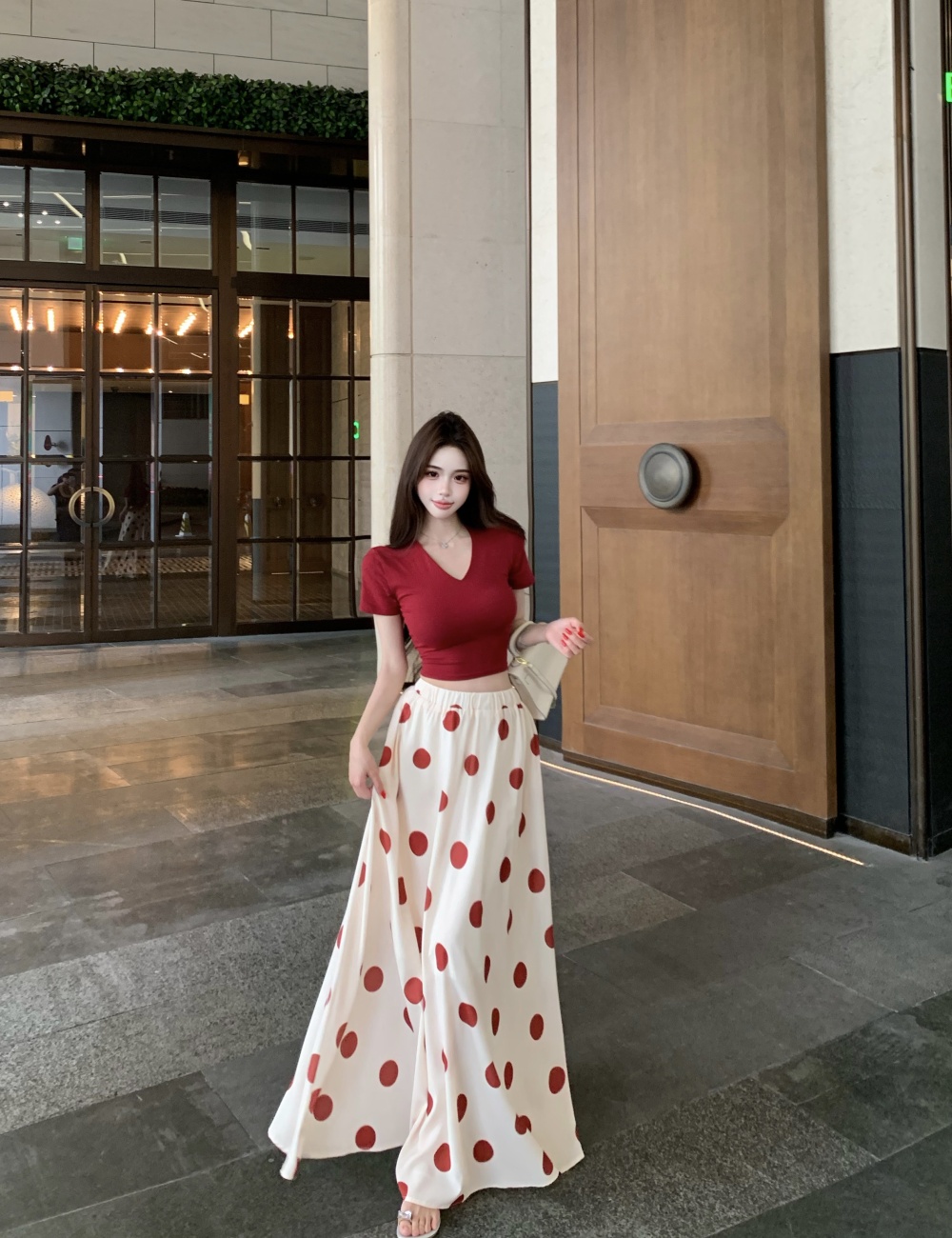 V-neck summer skirt polka dot tops 2pcs set