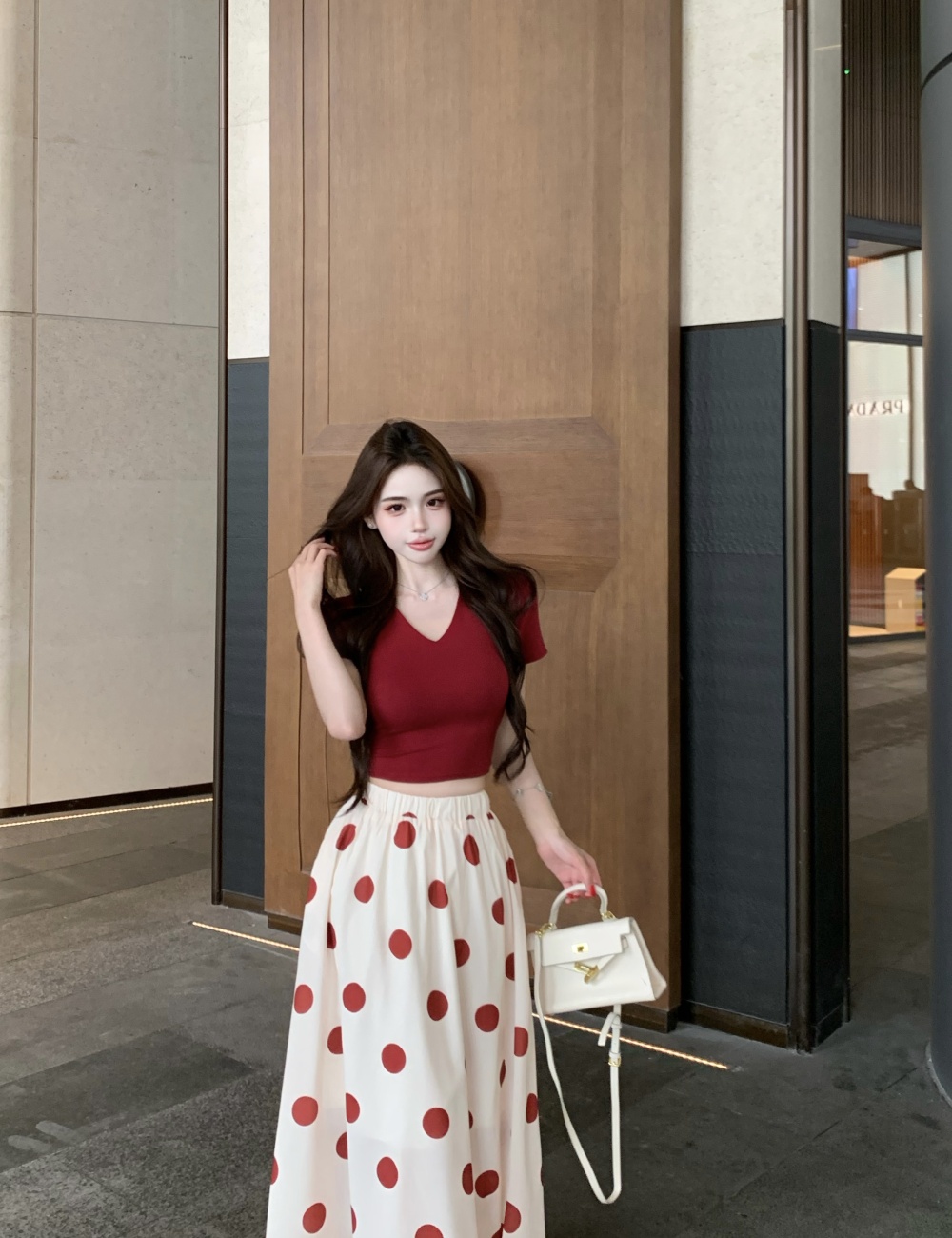 V-neck summer skirt polka dot tops 2pcs set