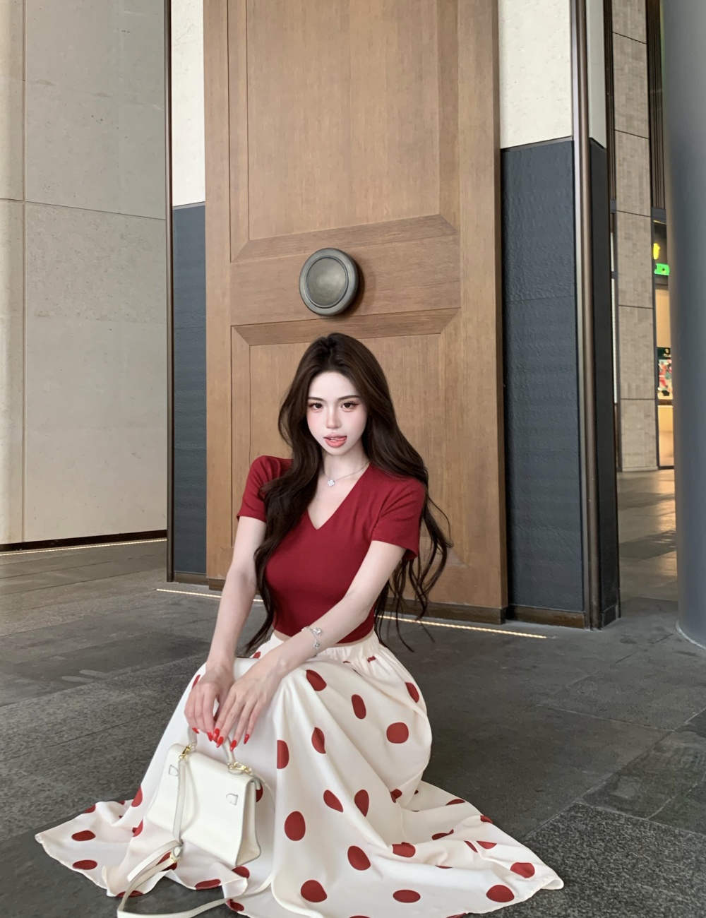 V-neck summer skirt polka dot tops 2pcs set