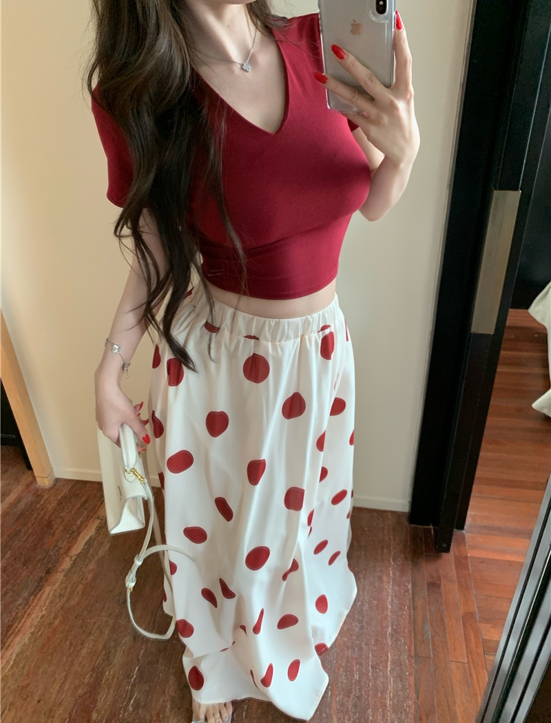 V-neck summer skirt polka dot tops 2pcs set
