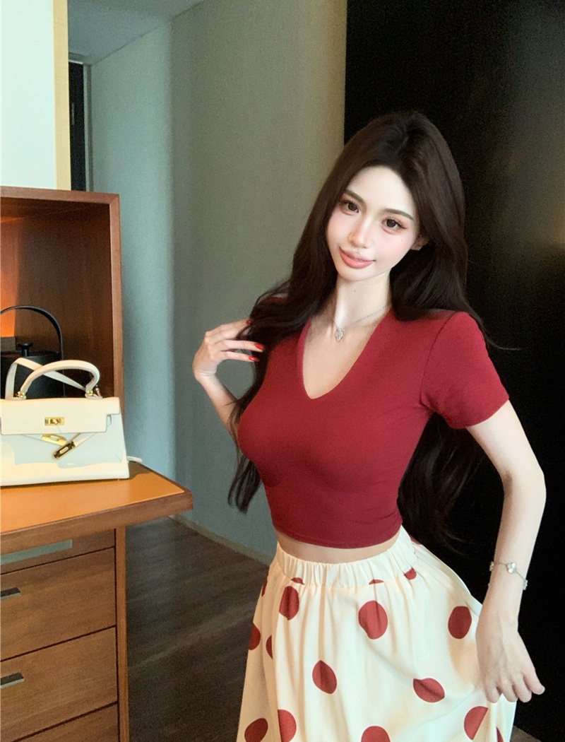V-neck summer skirt polka dot tops 2pcs set