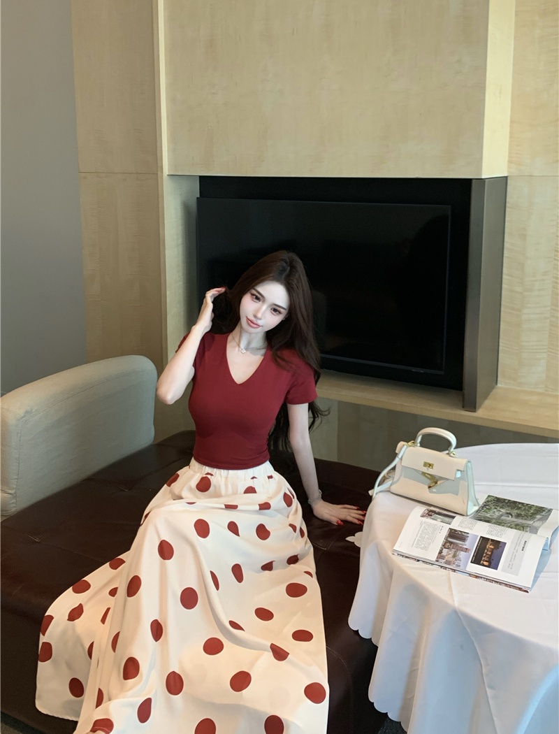 V-neck summer skirt polka dot tops 2pcs set