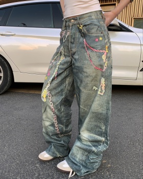 Digital wide leg couples printing straight chain jeans