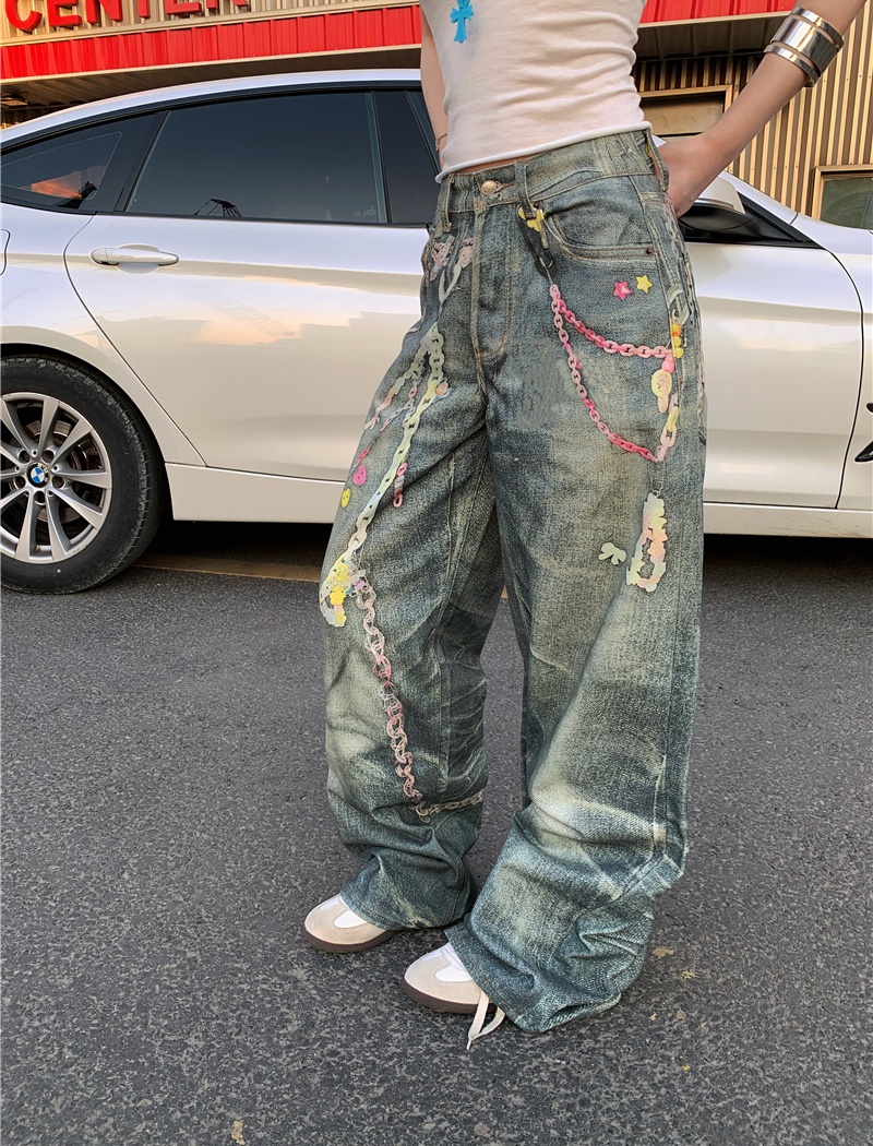 Digital wide leg couples printing straight chain jeans