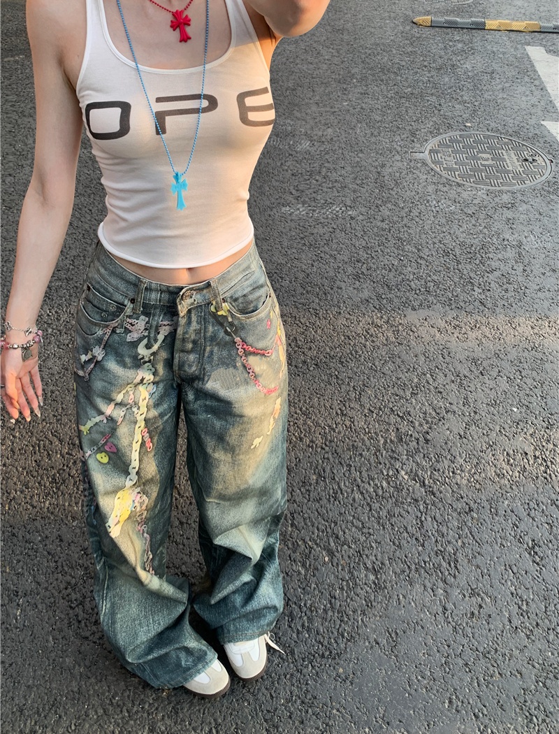 Digital wide leg couples printing straight chain jeans
