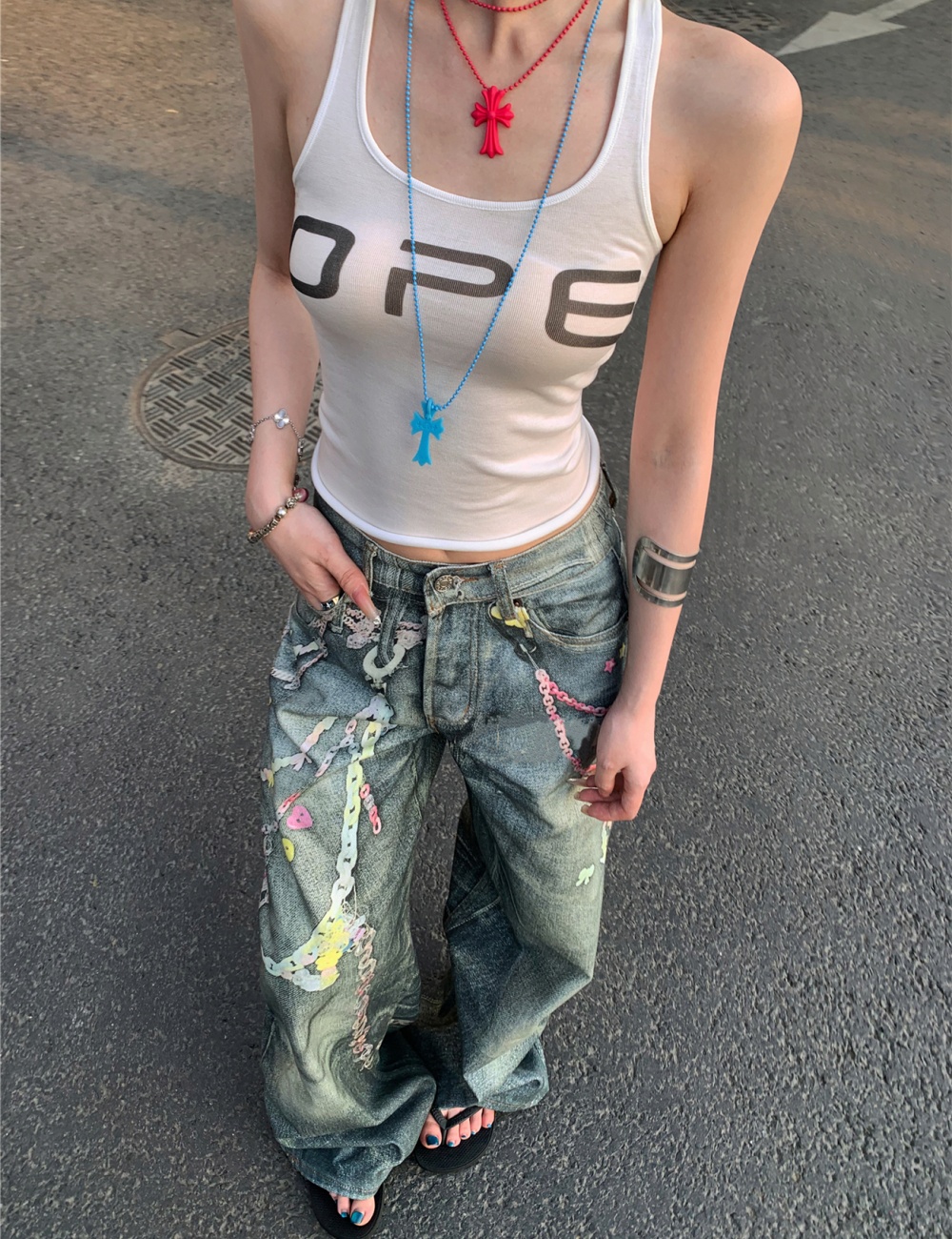 Digital wide leg couples printing straight chain jeans