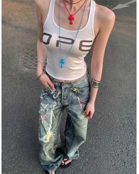 Sling couples printing vest wide leg straight jeans a set